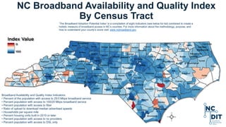NC Broadband Availability and Quality Index
By Census Tract
Broadband Availability and Quality Index Indicators:
• Percent of the population with access to 25/3 Mbps broadband service
• Percent population with access to 100/20 Mbps broadband service
• Percent population with access to fiber
• Ratio of upload to download median advertised speeds
• Households per square mile
• Percent housing units built in 2010 or later
• Percent population with access to no providers
• Percent population with access to DSL only
’The Broadband Adoption Potential Index’ is a compilation of eight indicators (see below for list) combined to create a
holistic measure of broadband access in NC’s counties. For more information about the methodology, purpose, and
how to understand your county’s score visit: www.ncbroadband.gov
 