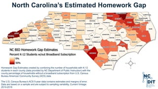 North Carolina’s Estimated Homework Gap
Homework Gap Estimates created by combining the number of households with K-12
students in each county (data provided by NC Department of Public Instruction) with the
county percentage of households without a broadband subscription from U.S. Census
Bureau American Community Survey (ACS) data.
The U.S. Census Bureau's ACS 5-year data contains estimates and margins of error.
Data are based on a sample and are subject to sampling variability. Current Vintage:
2014-2018
 