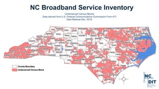 NC Broadband Service Inventory
Underserved Census Blocks
Data derived from U.S. Federal Communications Commission Form 477...