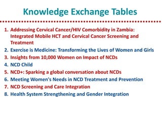 Knowledge Exchange Tables 
1.Addressing Cervical Cancer/HIV Comorbidity in Zambia: Integrated Mobile HCT and Cervical Cancer Screening and Treatment 
2.Exercise is Medicine: Transforming the Lives of Women and Girls 
3.Insights from 10,000 Women on Impact of NCDs 
4.NCD Child 
5.NCD+: Sparking a global conversation about NCDs 
6.Meeting Women's Needs in NCD Treatment and Prevention 
7.NCD Screening and Care Integration 
8.Health System Strengthening and Gender Integration 