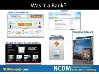 Was it a Bank?
                                         Twitter
  Interactive Website




                                                   Interactive Billboard
                                 iPhone App

YouTube Product Demonstrations
 