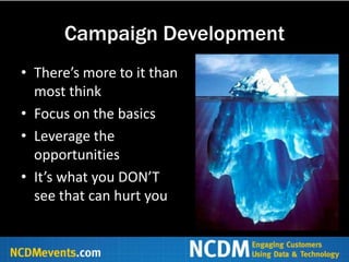 Campaign Development
• There’s more to it than
  most think
• Focus on the basics
• Leverage the
  opportunities
• It’s what you DON’T
  see that can hurt you
 
