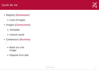 Cycle de vie
Registry (Distribution)
Liste d'images
Images (Construction)
Template
Lecture seule
Conteneurs (Runtime)
:
Basé sur une
image
Dispose d'un état
© Copyright Zenika 4 ­ 1
 