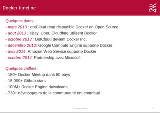 Docker timeline
Quelques dates :
­ mars 2013 : dotCloud rend disponible Docker en Open Source
­ aout 2013 : eBay, Uber, Cloudfare utilisent Docker
­ octobre 2013 : DotCloud devient Docker Inc.
­ décembre 2013: Google Compute Engine supporte Docker
­ avril 2014: Amazon Web Service supporte Docker
­ octobre 2014: Partnership avec Microsoft
Quelques chiffres :
­ 150+ Docker Meetup dans 50 pays
­ 18,000+ Github stars
­ 100M+ Docker Engine downloads
­ 730+ développeurs de la communauté ont contribué
© Copyright Zenika 1 ­ 1
 