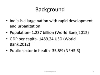 Background
• India is a large nation with rapid development
and urbanization
• Population- 1.237 billion (World Bank,2012)
• GDP per capita- 1489.24 USD (World
Bank,2012)
• Public sector in health- 33.5% (NFHS-3)
5Dr. Shammy Rajan
 