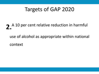 Targets of GAP 2020
2.A 10 per cent relative reduction in harmful
use of alcohol as appropriate within national
context
 