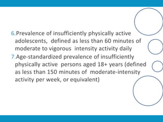 6.Prevalence of insufficiently physically active
adolescents, defined as less than 60 minutes of
moderate to vigorous intensity activity daily
7.Age-standardized prevalence of insufficiently
physically active persons aged 18+ years (defined
as less than 150 minutes of moderate-intensity
activity per week, or equivalent)
 