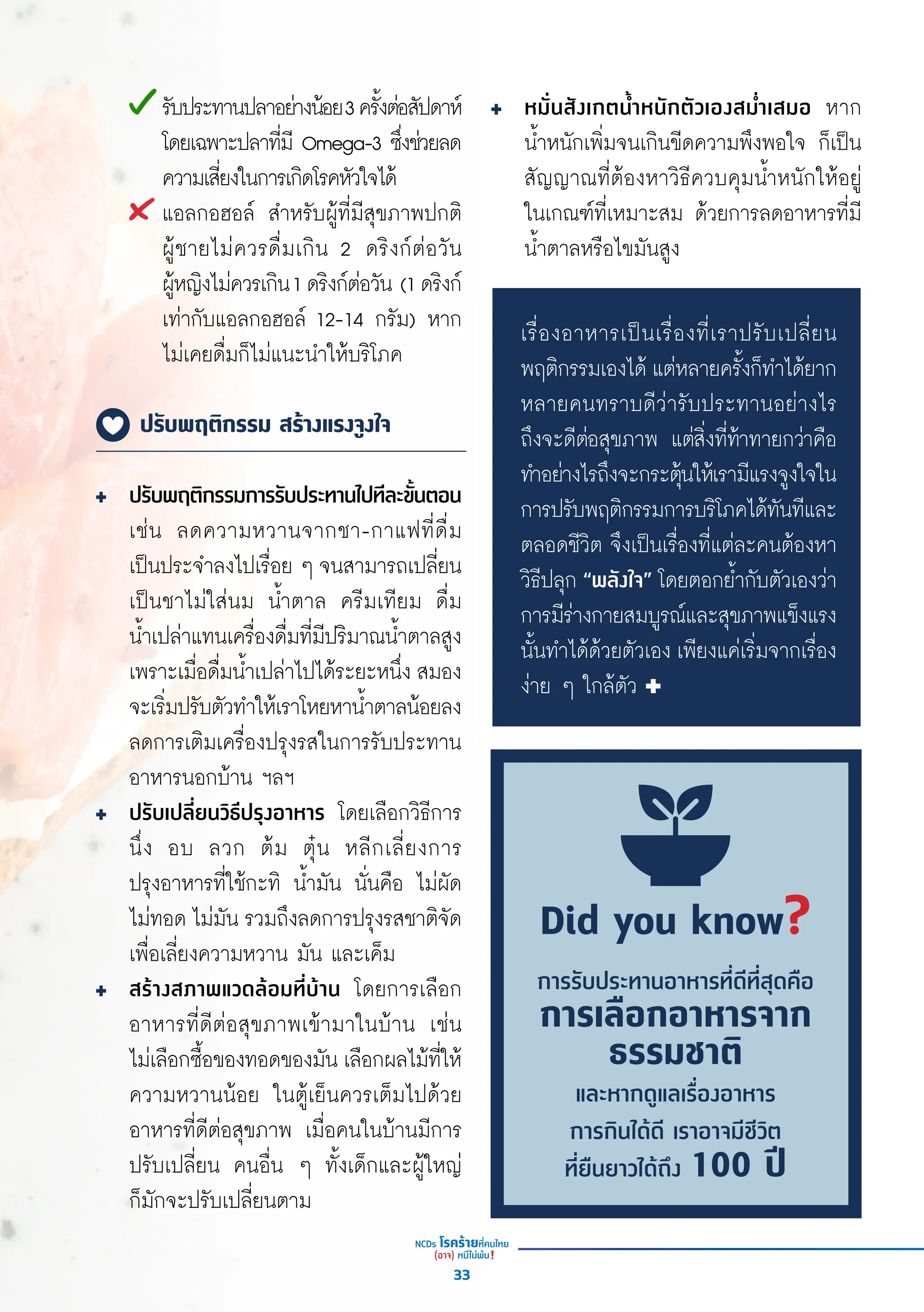 ปรับพฤติกรรม สร้างแรงจูงใจ
Did you know?
การรับประทานอาหารที่ดีที่สุดคือ
การเลือกอาหารจาก
ธรรมชาติ
และหากดูแลเรื่องอาหาร
การกินได้ดี เราอาจมีชีวิต
ที่ยืนยาวได้ถึง 100 ปี
	รัับประทานปลาอย่่างน้้อย3ครั้้�งต่่อสััปดาห์์
โดยเฉพาะปลาที่่�มีี Omega-3 ซึ่่�งช่่วยลด
ความเสี่่�ยงในการเกิิดโรคหััวใจได้้
แอลกอฮอล์์ สำำ�หรัับผู้้�ที่่�มีีสุุขภาพปกติิ
ผู้้�ชายไม่่ควรดื่่�มเกิิน 2 ดริิงก์์ต่่อวััน
ผู้้�หญิิงไม่่ควรเกิิน1ดริิงก์์ต่่อวััน (1ดริิงก์์
เท่่ากัับแอลกอฮอล์์ 12-14 กรััม) หาก
ไม่่เคยดื่่�มก็็ไม่่แนะนำำ�ให้้บริิโภค
ปรัับพฤติิกรรมการรัับประทานไปทีีละขั้้�นตอน
เช่่น ลดความหวานจากชา-กาแฟที่่�ดื่่�ม
เป็็นประจำำ�ลงไปเรื่่�อย ๆ จนสามารถเปลี่่�ยน
เป็็นชาไม่่ใส่่นม น้ำำ��ตาล ครีีมเทีียม ดื่่�ม
น้ำำ��เปล่่าแทนเครื่่�องดื่่�มที่่�มีีปริิมาณน้ำำ��ตาลสููง
เพราะเมื่่�อดื่่�มน้ำำ��เปล่่าไปได้้ระยะหนึ่่�ง สมอง
จะเริ่่�มปรัับตััวทำำ�ให้้เราโหยหาน้ำำ��ตาลน้้อยลง
ลดการเติิมเครื่่�องปรุุงรสในการรัับประทาน
อาหารนอกบ้้าน ฯลฯ
ปรัับเปลี่่�ยนวิิธีีปรุุงอาหาร โดยเลืือกวิิธีีการ
นึ่่�ง อบ ลวก ต้้ม ตุ๋๋�น หลีีกเลี่่�ยงการ
ปรุุงอาหารที่่�ใช้้กะทิิ น้ำำ��มััน นั่่�นคืือ ไม่่ผััด
ไม่่ทอด ไม่่มััน รวมถึึงลดการปรุุงรสชาติิจััด
เพื่่�อเลี่่�ยงความหวาน มััน และเค็็ม
สร้้างสภาพแวดล้้อมที่่�บ้้าน โดยการเลืือก
อาหารที่่�ดีีต่่อสุุขภาพเข้้ามาในบ้้าน เช่่น
ไม่่เลืือกซื้้�อของทอดของมััน เลืือกผลไม้้ที่่�ให้้
ความหวานน้้อย ในตู้้�เย็็นควรเต็็มไปด้้วย
อาหารที่่�ดีีต่่อสุุขภาพ เมื่่�อคนในบ้้านมีีการ
ปรัับเปลี่่�ยน คนอื่่�น ๆ ทั้้�งเด็็กและผู้้�ใหญ่่
ก็็มัักจะปรัับเปลี่่�ยนตาม
หมั่่�นสัังเกตน้ำำ��หนัักตััวเองสม่ำำ��เสมอ หาก
น้ำำ��หนัักเพิ่่�มจนเกิินขีีดความพึึงพอใจ ก็็เป็็น
สััญญาณที่่�ต้้องหาวิิธีีควบคุุมน้ำำ��หนัักให้้อยู่่�
ในเกณฑ์์ที่่�เหมาะสม ด้้วยการลดอาหารที่่�มีี
น้ำำ��ตาลหรืือไขมัันสููง
เรื่่�องอาหารเป็็นเรื่่�องที่่�เราปรัับเปลี่่�ยน
พฤติิกรรมเองได้้ แต่่หลายครั้้�งก็็ทำำ�ได้้ยาก
หลายคนทราบดีีว่่ารัับประทานอย่่างไร
ถึึงจะดีีต่่อสุุขภาพ แต่่สิ่่�งที่่�ท้้าทายกว่่าคืือ
ทำำ�อย่่างไรถึึงจะกระตุ้้�นให้้เรามีีแรงจููงใจใน
การปรัับพฤติิกรรมการบริิโภคได้้ทัันทีีและ
ตลอดชีีวิิต จึึงเป็็นเรื่่�องที่่�แต่่ละคนต้้องหา
วิิธีีปลุุก “พลัังใจ” โดยตอกย้ำำ��กัับตััวเองว่่า
การมีีร่่างกายสมบููรณ์์และสุุขภาพแข็็งแรง
นั้้�นทำำ�ได้้ด้้วยตััวเอง เพีียงแค่่เริ่่�มจากเรื่่�อง
ง่่าย ๆ ใกล้้ตััว
33
 
