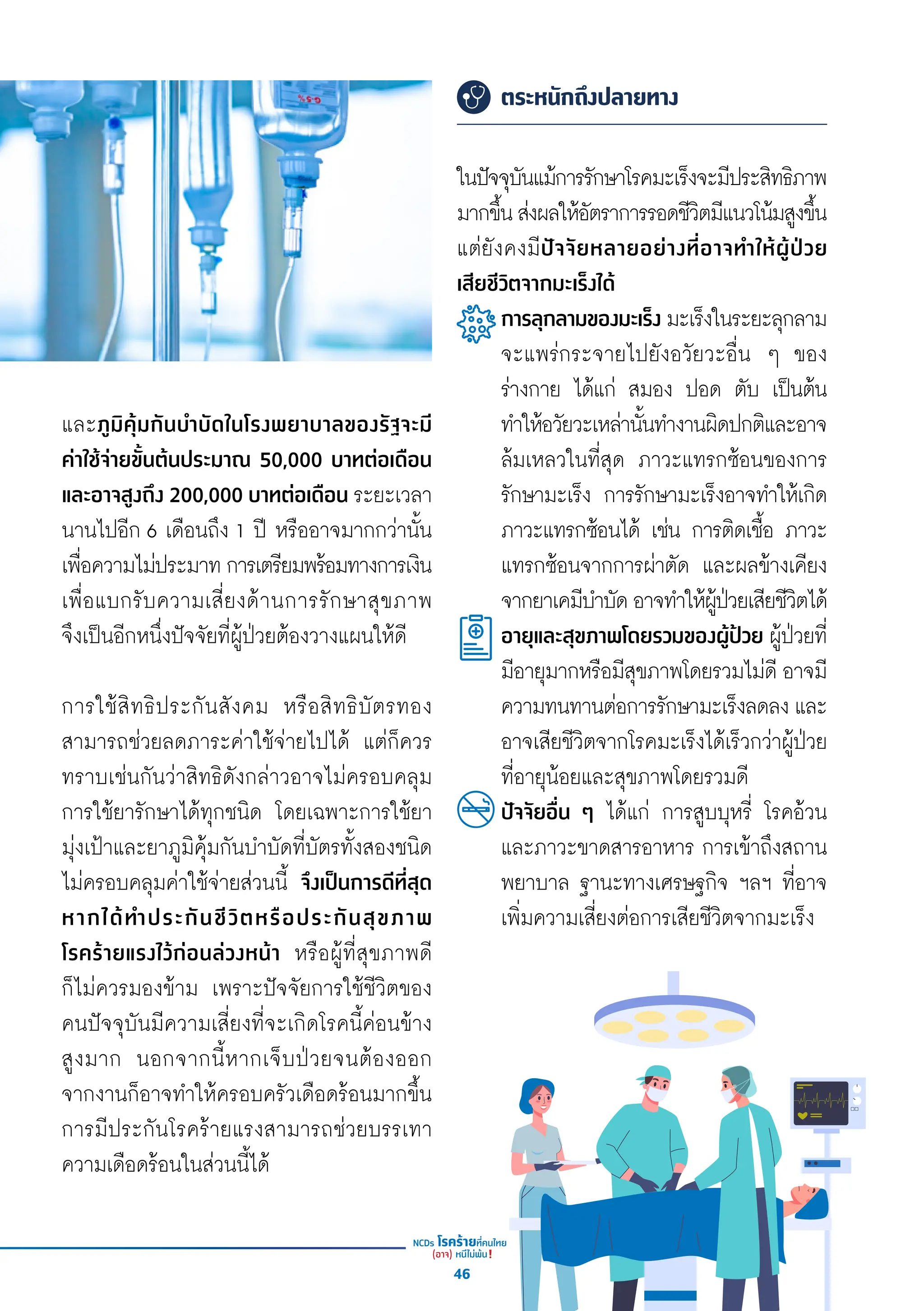 ตระหนักถึงปลายทาง
ในปััจจุุบัันแม้้การรัักษาโรคมะเร็็งจะมีีประสิิทธิิภาพ
มากขึ้้�นส่่งผลให้้อััตราการรอดชีีวิิตมีีแนวโน้้มสููงขึ้้�น
แต่่ยัังคงมีีปััจจััยหลายอย่่างที่่�อาจทำำ�ให้้ผู้้�ป่่วย
เสีียชีีวิิตจากมะเร็็งได้้
การลุุกลามของมะเร็็ง มะเร็็งในระยะลุุกลาม
จะแพร่่กระจายไปยัังอวััยวะอื่่�น ๆ ของ
ร่่างกาย ได้้แก่่ สมอง ปอด ตัับ เป็็นต้้น
ทำำ�ให้้อวััยวะเหล่่านั้้�นทำำ�งานผิิดปกติิและอาจ
ล้้มเหลวในที่่�สุุด ภาวะแทรกซ้้อนของการ
รัักษามะเร็็ง การรัักษามะเร็็งอาจทำำ�ให้้เกิิด
ภาวะแทรกซ้้อนได้้ เช่่น การติิดเชื้้�อ ภาวะ
แทรกซ้้อนจากการผ่่าตััด และผลข้้างเคีียง
จากยาเคมีีบำำ�บััดอาจทำำ�ให้้ผู้้�ป่่วยเสีียชีีวิิตได้้
อายุุและสุุขภาพโดยรวมของผู้้�ป้้วย ผู้้�ป่่วยที่่�
มีีอายุุมากหรืือมีีสุุขภาพโดยรวมไม่่ดีี อาจมีี
ความทนทานต่่อการรัักษามะเร็็งลดลง และ
อาจเสีียชีีวิิตจากโรคมะเร็็งได้้เร็็วกว่่าผู้้�ป่่วย
ที่่�อายุุน้้อยและสุุขภาพโดยรวมดีี
ปััจจััยอื่่�น ๆ ได้้แก่่ การสููบบุุหรี่่� โรคอ้้วน
และภาวะขาดสารอาหาร การเข้้าถึึงสถาน
พยาบาล ฐานะทางเศรษฐกิิจ ฯลฯ ที่่�อาจ
เพิ่่�มความเสี่่�ยงต่่อการเสีียชีีวิิตจากมะเร็็ง
และภููมิิคุ้้�มกัันบำำ�บััดในโรงพยาบาลของรััฐจะมีี
ค่่าใช้้จ่่ายขั้้�นต้้นประมาณ 50,000 บาทต่่อเดืือน 
และอาจสููงถึึง 200,000 บาทต่่อเดืือน ระยะเวลา
นานไปอีีก 6 เดืือนถึึง 1 ปีี หรืืออาจมากกว่่านั้้�น
เพื่่�อความไม่่ประมาท การเตรีียมพร้้อมทางการเงิิน
เพื่่�อแบกรัับความเสี่่�ยงด้้านการรัักษาสุุขภาพ
จึึงเป็็นอีีกหนึ่่�งปััจจััยที่่�ผู้้�ป่่วยต้้องวางแผนให้้ดีี
การใช้้สิิทธิิประกัันสัังคม หรืือสิิทธิิบััตรทอง
สามารถช่่วยลดภาระค่่าใช้้จ่่ายไปได้้ แต่่ก็็ควร
ทราบเช่่นกัันว่่าสิิทธิิดัังกล่่าวอาจไม่่ครอบคลุุม
การใช้้ยารัักษาได้้ทุุกชนิิด โดยเฉพาะการใช้้ยา
มุ่่�งเป้้าและยาภููมิิคุ้้�มกัันบำำ�บััดที่่�บััตรทั้้�งสองชนิิด
ไม่่ครอบคลุุมค่่าใช้้จ่่ายส่่วนนี้้� จึึงเป็็นการดีีที่่�สุุด
หากได้้ทำำ�ประกัันชีีวิิตหรืือประกัันสุุขภาพ
โรคร้้ายแรงไว้้ก่่อนล่่วงหน้้า หรืือผู้้�ที่่�สุุขภาพดีี
ก็็ไม่่ควรมองข้้าม เพราะปััจจััยการใช้้ชีีวิิตของ
คนปััจจุุบัันมีีความเสี่่�ยงที่่�จะเกิิดโรคนี้้�ค่่อนข้้าง
สููงมาก นอกจากนี้้�หากเจ็็บป่่วยจนต้้องออก
จากงานก็็อาจทำำ�ให้้ครอบครััวเดืือดร้้อนมากขึ้้�น
การมีีประกัันโรคร้้ายแรงสามารถช่่วยบรรเทา
ความเดืือดร้้อนในส่่วนนี้้�ได้้
46
 