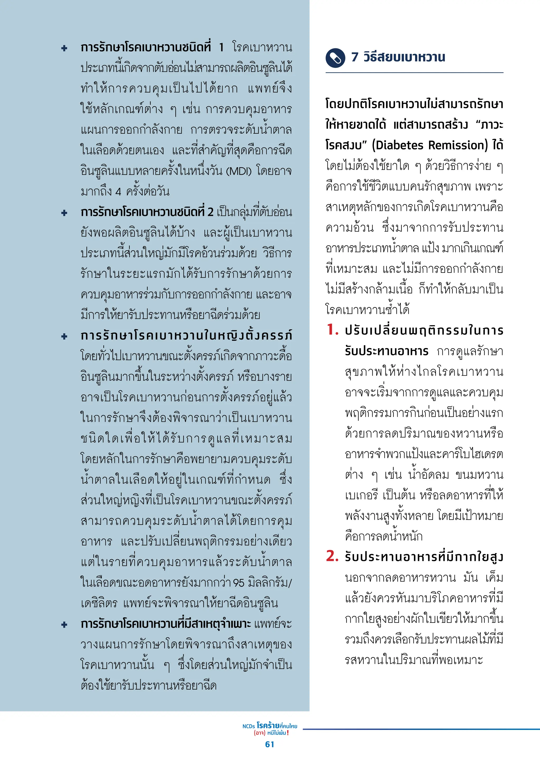 การรัักษาโรคเบาหวานชนิิดที่่� 1 โรคเบาหวาน
ประเภทนี้้�เกิิดจากตัับอ่่อนไม่่สามารถผลิิตอิินซููลิินได้้
ทำำ�ให้้การควบคุุมเป็็นไปได้้ยาก แพทย์์จึึง
ใช้้หลัักเกณฑ์์ต่่าง ๆ เช่่น การควบคุุมอาหาร
แผนการออกกำำ�ลัังกาย การตรวจระดัับน้ำำ��ตาล
ในเลืือดด้้วยตนเอง และที่่�สำำ�คััญที่่�สุุดคืือการฉีีด
อิินซููลิินแบบหลายครั้้�งในหนึ่่�งวััน (MDI) โดยอาจ
มากถึึง 4 ครั้้�งต่่อวััน
การรัักษาโรคเบาหวานชนิิดที่่�2เป็็นกลุ่่�มที่่�ตัับอ่่อน
ยัังพอผลิิตอิินซููลิินได้้บ้้าง และผู้้�เป็็นเบาหวาน
ประเภทนี้้�ส่่วนใหญ่่มัักมีีโรคอ้้วนร่่วมด้้วย วิิธีีการ
รัักษาในระยะแรกมัักได้้รัับการรัักษาด้้วยการ
ควบคุุมอาหารร่่วมกัับการออกกำำ�ลัังกายและอาจ
มีีการให้้ยารัับประทานหรืือยาฉีีดร่่วมด้้วย
การรัักษาโรคเบาหวานในหญิิงตั้้�งครรภ์์
โดยทั่่�วไปเบาหวานขณะตั้้�งครรภ์์เกิิดจากภาวะดื้้�อ
อิินซููลิินมากขึ้้�นในระหว่่างตั้้�งครรภ์์ หรืือบางราย
อาจเป็็นโรคเบาหวานก่่อนการตั้้�งครรภ์์อยู่่�แล้้ว
ในการรัักษาจึึงต้้องพิิจารณาว่่าเป็็นเบาหวาน
ชนิิดใดเพื่่�อให้้ได้้รัับการดููแลที่่�เหมาะสม
โดยหลัักในการรัักษาคืือพยายามควบคุุมระดัับ
น้ำำ��ตาลในเลืือดให้้อยู่่�ในเกณฑ์์ที่่�กำำ�หนด ซึ่่�ง
ส่่วนใหญ่่หญิิงที่่�เป็็นโรคเบาหวานขณะตั้้�งครรภ์์
สามารถควบคุุมระดัับน้ำำ��ตาลได้้โดยการคุุม
อาหาร และปรัับเปลี่่�ยนพฤติิกรรมอย่่างเดีียว
แต่่ในรายที่่�ควบคุุมอาหารแล้้วระดัับน้ำำ��ตาล
ในเลืือดขณะอดอาหารยัังมากกว่่า95 มิิลลิิกรััม/
เดซิิลิิตร แพทย์์จะพิิจารณาให้้ยาฉีีดอิินซููลิิน
การรัักษาโรคเบาหวานที่่�มีีสาเหตุุจำำ�เพาะ แพทย์์จะ
วางแผนการรัักษาโดยพิิจารณาถึึงสาเหตุุของ
โรคเบาหวานนั้้�น ๆ ซึ่่�งโดยส่่วนใหญ่่มัักจำำ�เป็็น
ต้้องใช้้ยารัับประทานหรืือยาฉีีด
7 วิธีสยบเบาหวาน
โดยปกติิโรคเบาหวานไม่่สามารถรัักษา
ให้้หายขาดได้้ แต่่สามารถสร้้าง “ภาวะ
โรคสงบ” (Diabetes Remission) ได้้
โดยไม่่ต้้องใช้้ยาใด ๆ ด้้วยวิิธีีการง่่าย ๆ
คืือการใช้้ชีีวิิตแบบคนรัักสุุขภาพ เพราะ
สาเหตุุหลัักของการเกิิดโรคเบาหวานคืือ
ความอ้้วน ซึ่่�งมาจากการรัับประทาน
อาหารประเภทน้ำำ��ตาลแป้้งมากเกิินเกณฑ์์
ที่่�เหมาะสม และไม่่มีีการออกกำำ�ลัังกาย
ไม่่มีีสร้้างกล้้ามเนื้้�อ ก็็ทำำ�ให้้กลัับมาเป็็น
โรคเบาหวานซ้ำำ��ได้้
1. ปรัับเปลี่่�ยนพฤติิกรรมในการ
รัับประทานอาหาร การดููแลรัักษา
สุุขภาพให้้ห่่างไกลโรคเบาหวาน
อาจจะเริ่่�มจากการดููแลและควบคุุม
พฤติิกรรมการกิินก่่อนเป็็นอย่่างแรก
ด้้วยการลดปริิมาณของหวานหรืือ
อาหารจำำ�พวกแป้้งและคาร์์โบไฮเดรต
ต่่าง ๆ เช่่น น้ำำ��อััดลม ขนมหวาน
เบเกอรีี เป็็นต้้น หรืือลดอาหารที่่�ให้้
พลัังงานสููงทั้้�งหลาย โดยมีีเป้้าหมาย
คืือการลดน้ำำ��หนััก
2. รัับประทานอาหารที่่�มีีกากใยสููง
นอกจากลดอาหารหวาน มััน เค็็ม
แล้้วยัังควรหัันมาบริิโภคอาหารที่่�มีี
กากใยสููงอย่่างผัักใบเขีียวให้้มากขึ้้�น
รวมถึึงควรเลืือกรัับประทานผลไม้้ที่่�มีี
รสหวานในปริิมาณที่่�พอเหมาะ
61
 