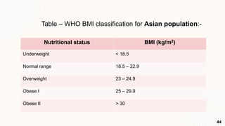 Table – WHO BMI classification for Asian population:-
Nutritional status BMI (kg/m2)
Underweight < 18.5
Normal range 18.5 – 22.9
Overweight 23 – 24.9
Obese I 25 – 29.9
Obese II > 30
44
 