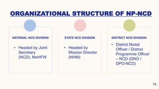 ORGANIZATIONAL STRUCTURE OF NP-NCD
75
NATIONAL NCD DIVISION
• Headed by Joint
Secretary
(NCD), MoHFW
STATE NCD DIVISION
• Headed by
Mission Director
(NHM)
DISTRICT NCD DIVISION
• District Nodal
Officer / District
Programme Officer
– NCD (DNO /
DPO-NCD)
 