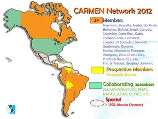 CARMEN Network 2012
    34   Members
         Argentina, Anguilla, Aruba, Barbados
         Bahamas, Bolivia, Brazil, Canada,
         Colombia, Costa Rica, Cuba,
         Curacao, Chile, Dominica,
         Ecuador, El Salvador, Grenada,
         Guatemala, Guyana,
         Mexico, Nicaragua, Panama,
         Paraguay, Peru, Puerto Rico,
         St Kitts & Nevis, St Lucia,
         Trin. & Tobago, Uruguay, Surinam,
           Prospective Members
           Venezuela, Bolivia

         Collaborating members
         SLU,USF,NHLBI,CDC,PHAC,
         RAFA,ILSI,F&V, CI, HCC, IHF,
          Special
          • USA-Mexico (border)
 