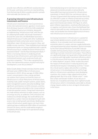 19SEIZING THE GLOBAL OPPORTUNITY: PARTNERSHIPS FOR BETTER GROWTH AND A BETTER CLIMATE
provide more effective and efficient social protection
for the poor, and many countries are now benefiting
from the learning of others as policy practice spreads
internationally (see Section 2.5).
A growing interest in new infrastructure
investment and finance
Infrastructure investment has risen to prominence
on the international economic agenda in recent years.
At its Brisbane Summit in 2014 the G20 established
a new Global Infrastructure Initiative, along with
an implementing “Infrastructure Hub”, with the aim
of catalysing both public and private investment.25
Around the same time, the World Bank launched a
Global Infrastructure Facility with other multilateral
development banks and private sector investors to
help deliver major infrastructure projects in low- and
middle-income countries.26
New multilateral and national
development banks are being established with a specific
infrastructure focus, notably the Asian Infrastructure
Investment Bank27
and the New Development Bank.28
There is increasing interest in catalysing private
financing of new infrastructure, particularly among
institutional investors such as pension funds and
insurance companies.29
This is also a growing focus
of the international discussions around Financing for
Development, as we discuss below.30
Better Growth, Better Climate estimates that the world
will need some US$90 trillion of infrastructure
investment in 2015–30 (an average of US$6 trillion
a year), concentrated in cities, energy and land
use systems. But it points out that the choice of
infrastructure is critical. Many forms of infrastructure,
including roads, public transport systems, power plants,
water management systems and urban buildings make
significant contributions to GHG emissions, and they
are also particularly vulnerable to the rising incidence
of extreme weather events. If long-lived investments
are made without attention to wider impacts, such as
on energy security, air pollution, GHG emissions and
resilience to climate damage, the world will become
locked into a carbon-intensive development path with
severe risks to both growth and climate. Building low-
carbon infrastructure would require not much more
capital, perhaps an additional US$4 trillion of investment
(around 5% more), and this could well be largely or
completely offset by longer term operational savings
on fossil fuel costs.
Extremely low long-term real interest rates in many
advanced economies provide an extraordinarily
favourable financing environment for infrastructure
investment. In March 2015 the real interest rate on
10-year US government borrowings was less than 0.3%
(as reflected in yields on inflation protected securities).
In Germany and Japan the nominal yields on 10-year
government bonds were below 1% (Figure 3), which,
given inflation expectations, constitute effectively zero
or negative real interest rates. Given the likelihood that
interest rates will rise over coming years, this presents a
major and probably time-limited opportunity to finance
new infrastructure at very low cost.31
Increasing investment in infrastructure is a powerful
way to boost global economic growth, which remains
mediocre. It can stimulate short-term demand in
economies where it is weak, and ease supply bottlenecks
and expand potential output elsewhere. Recent estimates
by the International Monetary Fund (IMF) indicate
sizeable and long-lasting impacts of public infrastructure
spending on private investment and output. These effects
are significantly larger during periods of slow growth and
in countries with high public investment efficiency, which
is critical to ensure that resources are not squandered
on “white elephant” projects. Other studies document
the impact of infrastructure in reducing poverty and
distributional inequity in developing countries.32
Given
the critical need to replace old and often crumbling
infrastructure in the developed world, and the huge
deficit in infrastructure spending in most developing
countries, this creates a major opportunity to drive
global growth. But it has to be “climate-smart” – both
low-carbon and climate-resilient. As we discuss in
Section 2.6, it would be extremely short-sighted to build
infrastructure which is immediately vulnerable to climate
change impacts and/or to more stringent climate policy
in the future.
 