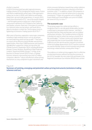 41SEIZING THE GLOBAL OPPORTUNITY: PARTNERSHIPS FOR BETTER GROWTH AND A BETTER CLIMATE
of what is required.
In 2014 China launched two pilot regional emissions
trading schemes (ETSs), bringing the total to seven; France
and Mexico implemented carbon taxes; Chile approved a
carbon tax, to start in 2018; and California and Quebec
linked their cap-and-trade programmes. In January 2015,
South Korea launched its ETS – one of the world’s largest
– and Portugal enacted a carbon tax. In April, Ontario
announced it will launch an ETS linked to the California
and Quebec schemes. Next year, China plans to transition
to a national carbon pricing system, and South Africa
plans to introduce a carbon tax. The European Union is
tightening its Emissions Trading System (EU ETS).204
After years of business opposition, many major companies,
including in high-emitting sectors such as oil and gas,
are now endorsing carbon pricing as well.205
They see it
as a way to drive efficiency and profitable new business
opportunities. More than 1,000 businesses and investors
signalled their support for carbon pricing at the UN
Climate Summit in September 2014, including BP, British
Airways, Cemex, Braskem, Royal Dutch Shell, Statkraft,
Unilever, Statoil and DONG Energy.206
In May, at the
Business & Climate Summit 2015 in Paris, 25 global
business networks representing more than 6.5 million
companies called for “robust and effective carbon pricing
mechanisms as a key component to gear investment and
orient consumer behaviour towards low-carbon solutions
and achieve global net emissions reduction at the least
economic costs”.207
In addition, at least 150 companies in
diverse sectors use an internal carbon price in assessing
investments.208
Major oil companies such as Shell, BP,
Exxon-Mobil and ConocoPhillips use a price of US$40
per tonne of CO2
e or more.209
The economic case
The growing support for carbon pricing reflects a
recognition that it is not only good climate policy, but also
a useful way to raise government revenue – one that is
less distorting than many existing taxes such as on labour
and business activities. The Canadian province of British
Columbia has used its carbon tax revenue, around 3% of
the total budget,210
to lower income and corporate taxes
and compensate low-income households. Quebec and
California use their permit auction revenues to fund low-
carbon technology advancement. EU ETS auction revenues
are used by Member States to fund innovation and climate-
and energy-related activities, among other things.211
The evidence on carbon pricing suggests that it is effective
at reducing emissions without harming the economy. In
the US, for example, the nine states that participate in the
Regional Greenhouse Gas Initiative (RGGI) have cut their
UNION
BRITISH
COLUMBIA
ONTARIO
NEW BRUNSWICK
BRAZIL
EUROPEAN
SOUTH
AFRICA
CHINA
KAZAKHSTAN
NEW
ZEALAND
SWITZERLAND
CHILE
UKRAINE
TURKEY
Saitama
Tokyo
Kyoto
Shanghai
Shenzhen
São Paulo
LATVIA
Beijing
Tianjin
Chongqing Shanghai
CALIFORNIA
OREGON
WASHINGTON
MANITOBA
QUÉBEC
PRINCE EDWARD
ISLANDNOVA
SCOTIA
HUBEI
GUANGDONG
FRANCE
MEXICO
THAILAND
JAPAN
ICELAND
IRELAND
NORWAY
SLOVENIA
ETS implemented or scheduled for implementation
Carbon tax implemented or scheduled for implementation
ETS or carbon tax under consideration
ETS and carbon tax implemented or scheduled
ETS implemented or scheduled, carbon tax under consideration
Carbon tax implemented or scheduled, ETS under consideration
KOREA,
REP.
U.K.
DENMARK
SWEDEN
FINLAND
PORTUGAL
ALBERTA
R.G.G.I. [Regional Greenhouse Gas Initiative]
(Connecticut, Delaware, Maine, Maryland,
Massachussets, New Hampshire, New York,
Rhode Island, Vermont)
Rio de Janeiro
Figure 8
Summary of existing, emerging and potential carbon pricing instruments (emissions trading
schemes and tax).
Source: World Bank, 2015.212
 