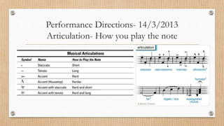 Performance Directions- 14/3/2013
Articulation- How you play the note
 