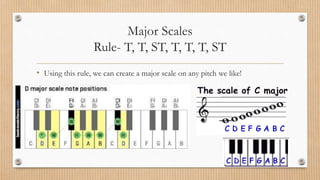Major Scales
Rule- T, T, ST, T, T, T, ST
• Using this rule, we can create a major scale on any pitch we like!
 
