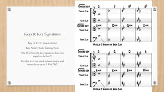 Keys & Key Signatures
Key of C= C major/minor
Key Note= Scale Starting Note
The # or b in the key signature does not
equal to the key!!!
For this level we need to learn major and
minor keys up to 3 # & 3b!!!
 