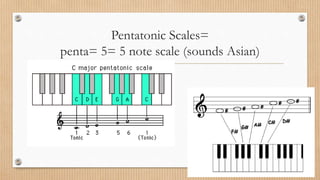 Pentatonic Scales=
penta= 5= 5 note scale (sounds Asian)
 