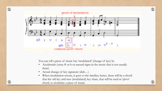 You can tell a piece of music has ‘modulated’ (change of key) by
• Accidentals (extra # or b or natural signs in the music that is not usually
there)
• Actual change of key signature (duh…)
• When modulation occurs, it goes to the familiar, hence, there will be a chord
that the old key and new (modulated) key share, that will be used as ‘pivot’
chord, to modulate a piece of music.
 