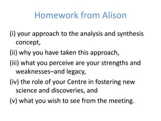 Homework from Alison
(i) your approach to the analysis and synthesis
concept,
(ii) why you have taken this approach,
(iii) what you perceive are your strengths and
weaknesses–and legacy,
(iv) the role of your Centre in fostering new
science and discoveries, and
(v) what you wish to see from the meeting.
 