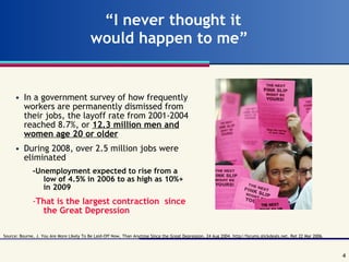 “ I never thought it  would happen to me”   In a government survey of how frequently workers are permanently dismissed from their jobs, the layoff rate from 2001-2004 reached 8.7%, or  12.3 million men and women age 20 or older   During 2008, over 2.5 million jobs were eliminated -Unemployment expected to rise from a low of 4.5% in 2006 to as high as 10%+ in 2009 - That is the largest contraction  since the Great Depression   Source: Bourne, J. You Are More Likely To Be Laid-Off Now, Than Anytime Since the Great Depression. 24 Aug 2004. http//forums.slickdeals.net. Ret 22 Mar 2006.   