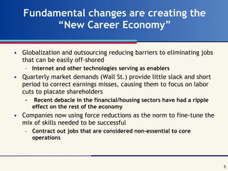 Fundamental changes are creating the “New Career Economy” Globalization and outsourcing reducing barriers to eliminating jobs that can be easily off-shored Internet and other technologies serving as enablers Quarterly market demands (Wall St.) provide little slack and short period to correct earnings misses, causing them to focus on labor cuts to placate shareholders -  Recent debacle in the financial/housing sectors have had a ripple effect on the rest of the economy Companies now using force reductions as the norm to fine-tune the mix of skills needed to be successful Contract out jobs that are considered non-essential to core operations 