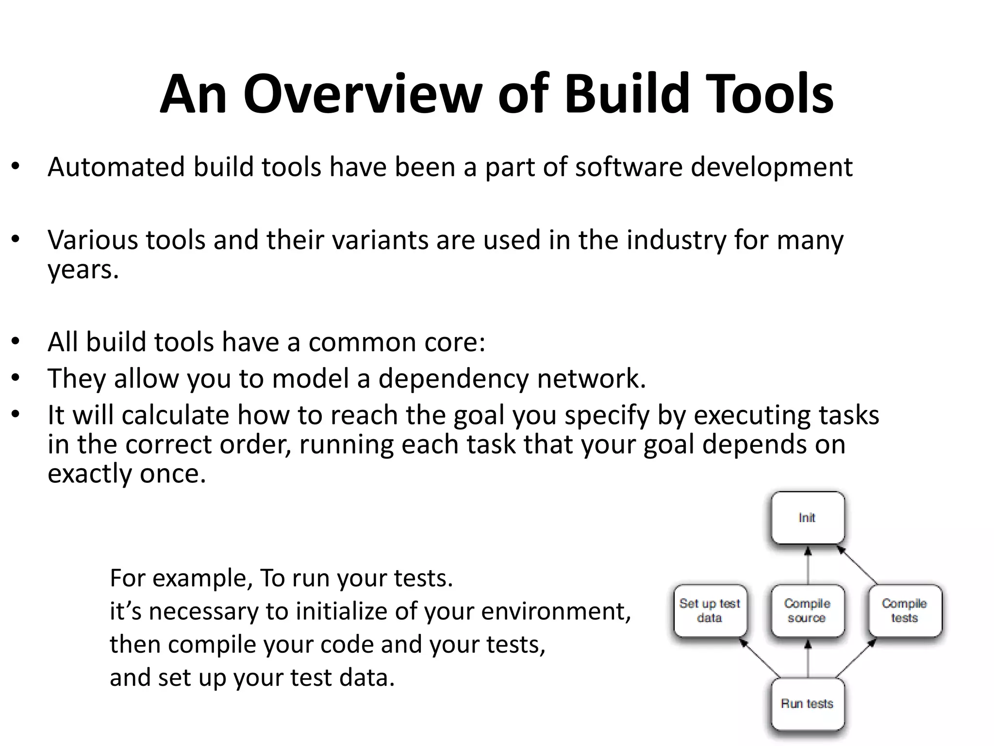 An Overview of Build Tools
• Automated build tools have been a part of software development
• Various tools and their variants are used in the industry for many
years.
• All build tools have a common core:
• They allow you to model a dependency network.
• It will calculate how to reach the goal you specify by executing tasks
in the correct order, running each task that your goal depends on
exactly once.
For example, To run your tests.
it’s necessary to initialize of your environment,
then compile your code and your tests,
and set up your test data.
 
