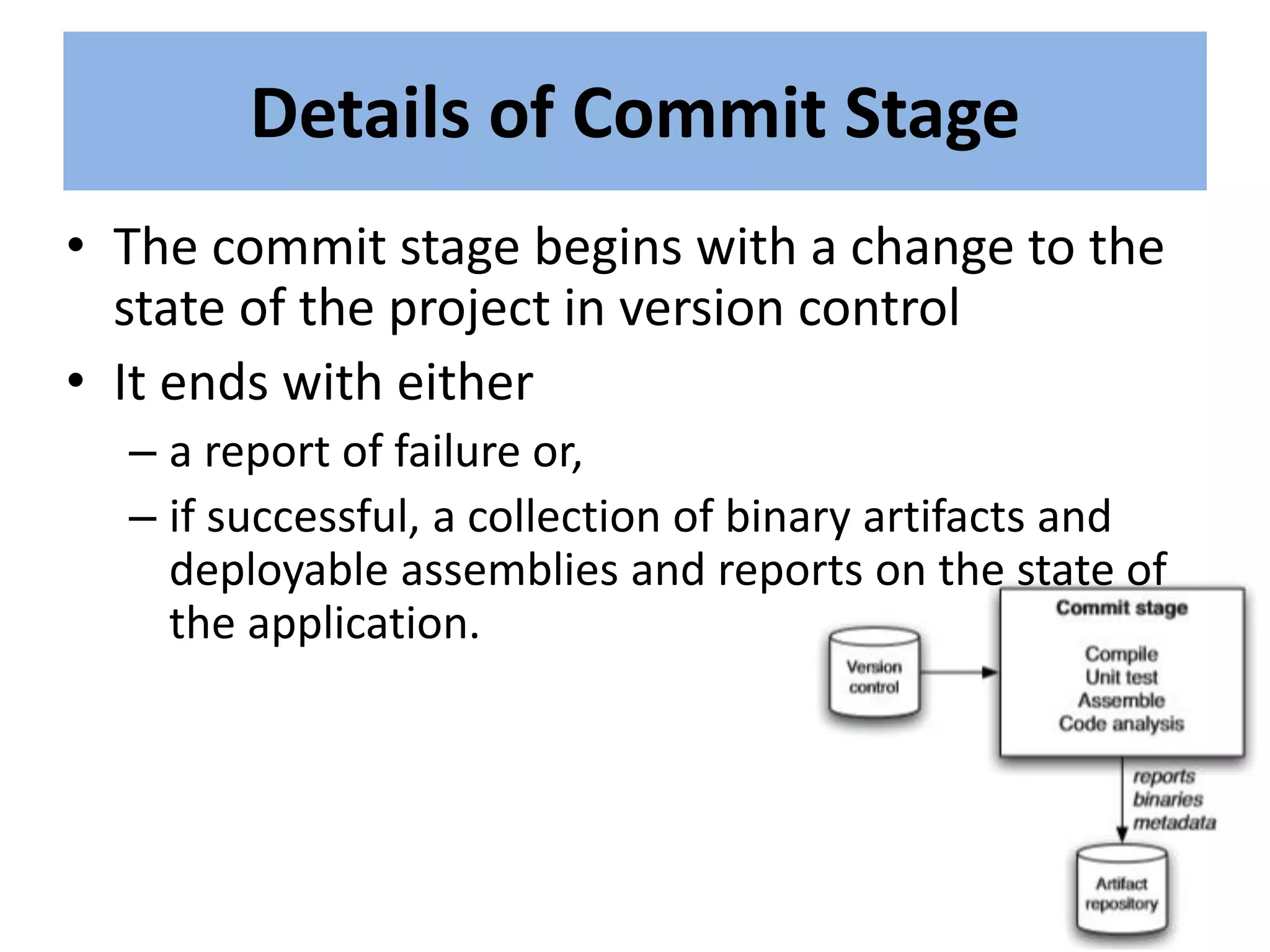 Details of Commit Stage
• The commit stage begins with a change to the
state of the project in version control
• It ends with either
– a report of failure or,
– if successful, a collection of binary artifacts and
deployable assemblies and reports on the state of
the application.
 