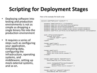 Scripting for Deployment Stages
• Deploying software into
testing and production
environments is not as
simple as dropping a
single binary file into the
production environment
• It requires a series of
steps such as configuring
your application,
initializing data,
configuring the
infrastructure, operating
systems, and
middleware, setting up
mock external systems,
and so on.
 