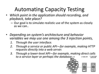 Automating Capacity Testing
• Which point in the application should recording, and
playback, take place?
– Our goal is to simulate realistic use of the system as closely
as we can..
• Depending on system’s architecture and behavior
variables we may use one among the 3 injection points,
1. Through the user interface.
2. Through a service or public API—for example, making HTTP
requests directly into a web server.
3. Through a lower-level API—for example, making direct calls
to a service layer or perhaps the database.
 