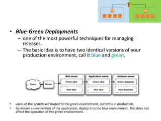 • Blue-Green Deployments
– one of the most powerful techniques for managing
releases.
– The basic idea is to have two identical versions of your
production environment, call it blue and green.
• users of the system are routed to the green environment, currently in production.
• to release a new version of the application, deploy it to the blue environment. This does not
affect the operation of the green environment.
 