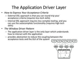 The Application Driver Layer
• How to Express Your Acceptance Criteria
– External DSL approach is that you can round-trip your
acceptance criteria (requires less tech skills)
– Internal DSL approach requires less complex tooling, and you
can use the autocomplete functionality (requires high tech
skills)
• The Window Driver Pattern
– The application driver layer is the only layer which understands
how to interact with the application
– provides abstraction to reduce the coupling between the
acceptance tests and the GUI of the system
 