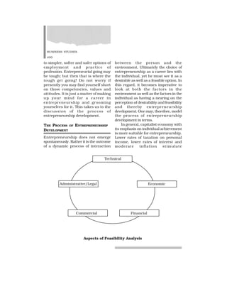 BUSINESS STUDIES
400
to simpler, softer and safer options of
employment and practice of
profession. Entrepreneurial going may
be tough; but then that is where the
tough get going! Do not worry if
presently you may find yourself short
on those competencies, values and
attitudes. It is just a matter of making
up your mind for a career in
entrepreneurship and grooming
yourselves for it. This takes us to the
discussion of the process of
entrepreneurship development.
THE PROCESS OF ENTREPRENEURSHIP
DEVELOPMENT
Entrepreneurship does not emerge
spontaneously. Rather it is the outcome
of a dynamic process of interaction
between the person and the
environment. Ultimately the choice of
entrepreneurship as a career lies with
the individual, yet he must see it as a
desirable as well as a feasible option. In
this regard, it becomes imperative to
look at both the factors in the
environment as well as the factors in the
individual as having a nearing on the
perception of desirability and feasibility
and thereby entrepreneurship
development. One may, therefore, model
the process of entrepreneurship
development in terms.
In general, capitalist economy with
its emphasis on individual achievement
is more suitable for entrepreneurship.
Lower rates of taxation on personal
income, lower rates of interest and
moderate inflation stimulate
Technical
Administrative/Legal Economic
Commercial Financial
Aspects of Feasibility Analysis
 