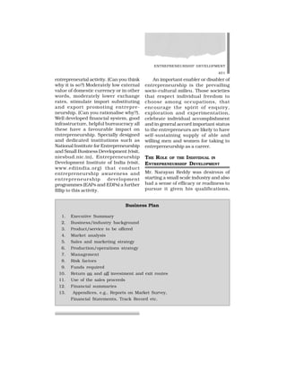 ENTREPRENEURSHIP DEVELOPMENT
401
entrepreneurial activity. (Can you think
why it is so?) Moderately low external
value of domestic currency or in other
words, moderately lower exchange
rates, stimulate import substituting
and export promoting entrepre-
neurship. (Can you rationalise why?).
Well developed financial system, good
infrastructure, helpful bureaucracy all
these have a favourable impact on
entrepreneurship. Specially designed
and dedicated institutions such as
National Institute for Entrepreneurship
and Small Business Development (visit,
niesbud.nic.in), Entrepreneurship
Development Institute of India (visit,
www.ediindia.org) that conduct
entrepreneurship awareness and
entrepreneurship development
programmes (EAPs and EDPs) a further
fillip to this activity.
An important enabler or disabler of
entrepreneurship is the prevailing
socio-cultural milieu. Those societies
that respect individual freedom to
choose among occupations, that
encourage the spirit of enquiry,
exploration and experimentation,
celebrate individual accomplishment
and in general accord important status
to the entrepreneurs are likely to have
self-sustaining supply of able and
willing men and women for taking to
entrepreneurship as a career.
THE ROLE OF THE INDIVIDUAL IN
ENTREPRENEURSHIP DEVELOPMENT
Mr. Narayan Reddy was desirous of
starting a small scale industry and also
had a sense of efficacy or readiness to
pursue it given his qualifications,
Business Plan
1. Executive Summary
2. Business/industry background
3. Product/service to be offered
4. Market analysis
5. Sales and marketing strategy
6. Production/operations strategy
7. Management
8. Risk factors
9. Funds required
10. Return on and off investment and exit routes
11. Use of the sales proceeds
12. Financial summaries
13. Appendices, e.g., Reports on Market Survey,
Financial Statements, Track Record etc.
 