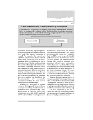 ENTREPRENEURSHIP DEVELOPMENT
403
The Role of Environment in Entrepreneurship Development
Entrepreneurs bring about economic growth and development, and the
latter in turn provides a fertile soil for the flourishing of entrepreneurship.
There certainly is a mutually facilitating reciprocity between economic
growth and entrepreneurship development.
Economic
Development
we will be discussing separately) in a
person that mark his/her effectiveness
for a task. The phrase ‘composite’ is
crucial. For example, the competence
“ability to communicate vision” is much
more than proficiency in writing/
speaking skills. It would involve, just to
illustrate, vision clarity, understanding
the audience background, interest and
readiness, knowledge about the media
and choosing the most appropriate one,
attracting attention, delivery, leaving not
merely an impression but also an
impact and, assessing effectiveness. So,
when the entrepreneur in the television
interview pointed out KASH as the
determinants of successful
entrepreneurship, he was indeed
referring to the competencies.
Competency approach to human
resource development in general and
entrepreneurship development in
particular was pioneered by David
McClelland, a Harvard University
psychologist in the late 1960’s and early
1970’s. (You will be learning more on
McClelland’s work when we discuss
entrepreneurial motivation.) McClelland
set out to define competency variables
that could be used in predicting job
performance and that were not biased
by race, gender, or socio-economic
factors. As a result, it becomes more
important to learn what a person does
rather than who he/she is. That is why
management and also entrepreneurship
is better defined as what a manager or
an entrepreneur does. Because
competencies can be built via a process
of education and development, we may
say that entrepreneurs are made.
Whatarethedistinctcompetenciesfor
entrepreneurship? In thisregard onemay
refer to the efforts of Entrepreneurship
Development Institute of India (EDI), a
national resource institution in the area
of entrepreneurship education research
anddevelopment(visit,www.ediindia.org).
EDI has identified a set of 15
competencies that contribute toward
entrepreneurialperformanceandsuccess.
These are briefly stated hereunder.
Entrepreneurship
 