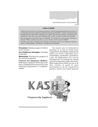 ENTREPRENEURSHIP DEVELOPMENT
405
Persuasion: Eliciting support of others
in the venture.
Use of Influence Strategies: Providing
leadership.
Monitoring: Ensuring the progress of
the venture as planned.
Concern for Employee Welfare:
Believing in employee well being as the
key to competitiveness and success and
initiating programmes of employee
welfare.
You would, now, be interested in
knowing as to how to build these
competencies. Knowledge competencies
(what you know regarding facts,
technologies, a profession, procedures,
a job, an organisation, etc.) can be
developed by, for example by reading
and interacting with people who know.
Skill competencies (what you say or do
that results in good or poor
performance) can be acquired by
practice, haven’t you heard “practice
Cash or KASH
“What do you need to be a business person?” was the opening question the anchor of
a television interview asked an eminent business personality. “Caash” she heard and
though that her interview is going to be a spoil, for it was an answer so obvious and
exhaustive that there was not anything else to talk. Or this is what she thought.
The entrepreneur saved her day, “young lady,” he continued, “you seem to have got it
wrong!” “What I meant was not C_a_s_h_=Cash, but K_A_S_H= KASH!”
Interview was off to a flying start! And the interviewee went on to elaborate what he
meant, K=Knowledge, A=Attitude, S=Skills and H=Habits.
 