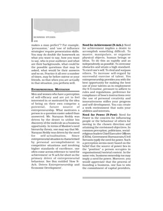 BUSINESS STUDIES
406
makes a man perfect”? For example,
‘persuasion,’ and ‘use of influence
strategies’ require presentation skills.
You may do double the homework on
what you want to say, how you want
to say, who is your audience and what
are their backgrounds, what could be
the possible questions that may be
asked, what would be their answers
and so on. Practice it all over a number
of times, may be before mirror or your
friends, so that when you are actually
in that situation, you perform well.
ENTREPRENEURIAL MOTIVATION
Men and women who have a perception
of self-efficacy and are yet to feel
interested in or motivated by the idea
of being on their own comprise a
potential, future source of
entrepreneurship. What motivates a
person is a question easier asked than
answered. Mr. Narayan Reddy was
driven by the desire to utilise his
discovery of the molecule as a business
opportunity. In terms of Maslow’s need
hierarchy theory, one may say that Mr.
Narayan Reddy was driven by the need
for self-actualisation. Since
entrepreneurial situation is characterised
by personal accomplishment in
competitive situations and involving
higher standards of excellence, one
often come across reference to ‘need for
achievement’ or N-ach for short as the
primary driver of entrepreneurial
behaviour. See Box entitled ‘How N-
Ach. Drives Entrepreneurship and
Economic Development’.
Need for Achievement (N-Ach.): Need
for achievement implies a desire to
accomplish something difficult. To
master, manipulate, or organise
physical objects, human beings or
ideas. To do this as rapidly and as
independently as possible. To overcome
obstacles and attain a high standard.
To excel one’s self. To rival and surpass
others. To increase self–regard by
successful exercise of talent. Yes
entrepreneurship provides you with the
best opportunity for making the best
use of your talents as in employment
the 9-5 routine, pressure to adhere to
rules and regulations, preference for
compliance of boss’s instructions over
the use of personal creativity and
innovativeness stifles your progress
and self-development. You can create
a work environment that suits your
abilities and interests.
Need for Power (N-Pow): Need for
Power is the concern for influencing
people or the behaviour of others for
moving in the chosen direction and
attaining the envisioned objectives. In
common perception, politicians, social-
religious leaders Chief Executive Officers
(CEOs), Government Bureaucrats/Civil
Servants typify the need for power. Such
a perception seems more based on the
belief that the source of power lies in
the “position” a person occupies in
organisational/societal context. In the
same vein, business ownership too may
imply a need for power. Moreover, you
would appreciate that the process of
founding a business, one has to win
the commitment of capital providers,
 