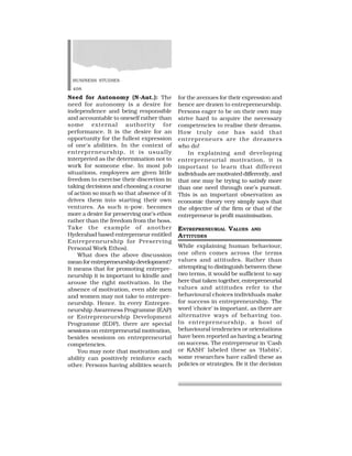 BUSINESS STUDIES
408
Need for Autonomy (N-Aut.): The
need for autonomy is a desire for
independence and being responsible
and accountable to oneself rather than
some external authority for
performance. It is the desire for an
opportunity for the fullest expression
of one’s abilities. In the context of
entrepreneurship, it is usually
interpreted as the determination not to
work for someone else. In most job
situations, employees are given little
freedom to exercise their discretion in
taking decisions and choosing a course
of action so much so that absence of it
drives them into starting their own
ventures. As such n-pow. becomes
more a desire for preserving one’s ethos
rather than the freedom from the boss.
Take the example of another
Hyderabad based entrepreneur entitled
Entrepreneurship for Preserving
Personal Work Ethos).
What does the above discussion
mean for entrepreneurship development?
It means that for promoting entrepre-
neurship it is important to kindle and
arouse the right motivation. In the
absence of motivation, even able men
and women may not take to entrepre-
neurship. Hence. In every Entrepre-
neurship Awareness Programme (EAP)
or Entrepreneurship Development
Programme (EDP), there are special
sessions on entrepreneurial motivation,
besides sessions on entrepreneurial
competencies.
You may note that motivation and
ability can positively reinforce each
other. Persons having abilities search
for the avenues for their expression and
hence are drawn to entrepreneurship.
Persons eager to be on their own may
strive hard to acquire the necessary
competencies to realise their dreams.
How truly one has said that
entrepreneurs are the dreamers
who do!
In explaining and developing
entrepreneurial motivation, it is
important to learn that different
individuals are motivated differently, and
that one may be trying to satisfy more
than one need through one’s pursuit.
This is an important observation as
economic theory very simply says that
the objective of the firm or that of the
entrepreneur is profit maximisation.
ENTREPRENEURIAL VALUES AND
ATTITUDES
While explaining human behaviour,
one often comes across the terms
values and attitudes. Rather than
attempting to distinguish between these
two terms, it would be sufficient to say
here that taken together, entrepreneurial
values and attitudes refer to the
behavioural choices individuals make
for success in entrepreneurship. The
word ‘choice’ is important, as there are
alternative ways of behaving too.
In entrepreneurship, a host of
behavioural tendencies or orientations
have been reported as having a bearing
on success. The entrepreneur in ‘Cash
or KASH’ labeled these as ‘Habits’,
some researches have called these as
policies or strategies. Be it the decision
 