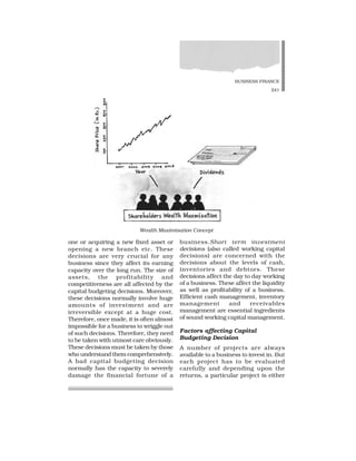 BUSINESS FINANCE
241
one or acquiring a new fixed asset or
opening a new branch etc. These
decisions are very crucial for any
business since they affect its earning
capacity over the long run. The size of
assets, the profitability and
competitiveness are all affected by the
capital budgeting decisions. Moreover,
these decisions normally involve huge
amounts of investment and are
irreversible except at a huge cost.
Therefore, once made, it is often almost
impossible for a business to wriggle out
of such decisions. Therefore, they need
to be taken with utmost care obviously.
These decisions must be taken by those
who understand them comprehensively.
A bad capital budgeting decision
normally has the capacity to severely
damage the financial fortune of a
business.Short term investment
decisions (also called working capital
decisions) are concerned with the
decisions about the levels of cash,
inventories and debtors. These
decisions affect the day to day working
of a business. These affect the liquidity
as well as profitability of a business.
Efficient cash management, inventory
management and receivables
management are essential ingredients
of sound working capital management.
Factors affecting Capital
Budgeting Decision
A number of projects are always
available to a business to invest in. But
each project has to be evaluated
carefully and depending upon the
returns, a particular project is either
Wealth Maximisation Concept
 