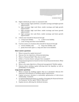 BUSINESS FINANCE
265
10. Higher dividends per share is associated with
a. high earnings, high cash flows, unusable earnings and higher growth
opportunities
b. high earnings, high cash flows, stable earnings and high growth
opportunities
c. high earnings, high cash flows, stable earnings and lower growth
opportunities
d. high earnings, low cash flows, stable earnings and lower growth
opportunities
11. A fixed asset should be financed through
a. a long-term liability b. a short-term liability
c. a mix of long and short-term liabilities
12. Current assets of a business firm should be financed through
a. current liability only b. long-term liability only
c. partly from both types i.e. long and short term liabilities
Short answer questions
1. What is meant by capital structure?
2. Discuss the two objectives of financial planning.
3. What is ‘Financial Risk?’ Why does it arise?
4. Define a ‘Current Assets’ and gave four examples?
5. Financial management is based on three broad financial decisions. What
are these?
6. What is the main objectives of financial management? Briefly explain.
7. Discuss about working capital affecting both the liquidity as well as
profitability of a business.
Long answer questions
1. What is meant by working capital. How is it calculated. Discuss five
important determinants of working capital requirements.
2. Capital structure decision is essentially optimisation of risk-return
relationship. Comment.
3. A capital budgeting decisions is capable of changing the financial fortune
of a business. Do you agree? Why or Why not?
4. Explain factors affecting the dividend decision.
 