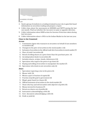 BUSINESS STUDIES
288
3. Send a group of students to a trading terminal in your city to gain first hand
information on securities trading and prepare a report.
4. Collect data about the movements in SENSEX and NIFTY puring the last
one month. Find out whether the two move in same or opposite direction.
5. Collect information about SEBI action for Investor Protection taken during
last two years.
6. Collect information about e-IPO’s in the Indian Market in the last one year.
Clues to the Crossword
Across
1. Commission Agent who transacts in securities on behalf of non members
or members (6).
2. Changes in the price of securities in the stock market. (12)
3. Inclusion of securities in the official trade list of securities in stock market (7)
4. Place of trade I securities (6)
5. Result of selling shares at a price lower than the purchase price. (4)
6. An independent dealer in securities (6)
7. Includes shares, scripts, bonds, debentures (10)
8. Speculator who expects the prices to go down (4)
9. Buying and selling of securities to manipulate the market (7)
10. Speculator who deals in new securities only (4)
Down
1. Speculator expecting a rise in the prices (4)
2. Means ‘with’ (3)
3. Means a part or fraction of capital (6)
4. Fraction of profit paid to government (3)
5. Illegal, game based on chance (8)
6. Official statement of securities in the stock market (5)
7. Those who buy and sell securities with objective of profit (10)
8. Money invested in business (7)
9. Return on shares out of profits (8)
10. Instrument acknowledging a debt (9)
11. Govt. document acknowledging a debt (5)
12. Profit or yield (4)
 