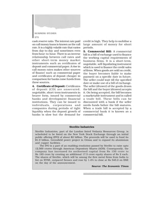 BUSINESS STUDIES
272
cash reserve ratio. The interest rate paid
on call money loans is known as the call
rate. It is a highly volatile rate that varies
from day-to-day and sometimes even
from hour-to-hour. There is an inverse
relationship between call rates and
other short-term money market
instruments such as certificates of
deposit and commercial paper. A rise in
call money rates makes other sources
of finance such as commercial paper
and certificates of deposit cheaper in
comparison for banks raise funds from
these sources.
4. Certificate of Deposit: Certificates
of deposit (CD) are unsecured,
negotiable, short-term instruments in
bearer form, issued by commercial
banks and development financial
institutions. They can be issued to
individuals, corporations and
companies during periods of tight
liquidity when the deposit growth of
banks is slow but the demand for
credit is high. They help to mobilise a
large amount of money for short
periods.
5. Commercial Bill: A commercial
bill is a bill of exchange used to finance
the working capital requirements of
business firms. It is a short-term,
negotiable, self-liquidating instrument
which is used to finance the credit sales
of firms. When goods are sold on credit,
the buyer becomes liable to make
payment on a specific date in future.
The seller could wait till the specified
date or make use of a bill of exchange.
The seller (drawer) of the goods draws
the bill and the buyer (drawee) accepts
it. On being accepted, the bill becomes
a marketable instrument and is called
a trade bill. These bills can be
discounted with a bank if the seller
needs funds before the bill matures.
When a trade bill is accepted by a
commercial bank it is known as a
commercial bill.
Sterlite Industries
Sterlite Industries, part of the London listed Vedanta Resources Group, is
scheduled to be listed on the New York Stock Exchange through an initial
public offering (IPO) of about $2 billion. The proceeds will be used to fund its
$1.9 billion, Greenfield power project in Orissa and to expand its aluminium
and copper facilities.
The IPO is a part of an enabling resolution passed by Sterlite to raise upto
12,500 crores through American Depository Shares (ADS). Consequently, the
company has increased its authorised capital from Rs 150 crore to
Rs 185 crore by creating an additional 17.5 crore equity shares of Rs 2 each.
The shares of Sterlite, which will be among the first metal firms from India to
list on NYSE, outpaced Sensex and rose by 1.4% to close at Rs 545.2 on BSE
on the day of the announcement.
Source: The Economic Times
 