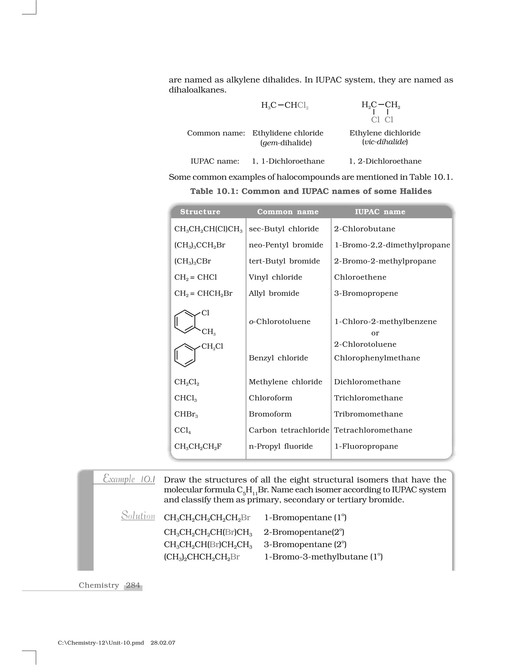 284Chemistry
C:Chemistry-12Unit-10.pmd 28.02.07
are named as alkylene dihalides. In IUPAC system, they are named as
dihaloalkanes.
Structure Common name IUPAC name
CH3CH2CH(Cl)CH3 sec-Butyl chloride 2-Chlorobutane
(CH3)3CCH2Br neo-Pentyl bromide 1-Bromo-2,2-dimethylpropane
(CH3)3CBr tert-Butyl bromide 2-Bromo-2-methylpropane
CH2 = CHCl Vinyl chloride Chloroethene
CH2 = CHCH2Br Allyl bromide 3-Bromopropene
CH2Cl2 Methylene chloride Dichloromethane
CHCl3 Chloroform Trichloromethane
CHBr3 Bromoform Tribromomethane
CCl4 Carbon tetrachloride Tetrachloromethane
CH3CH2CH2F n-Propyl fluoride 1-Fluoropropane
o-Chlorotoluene 1-Chloro-2-methylbenzene
or
2-Chlorotoluene
Benzyl chloride Chlorophenylmethane
Table 10.1: Common and IUPAC names of some Halides
E p 0 1Example 10.1pE 0 1Example 10.1 Draw the structures of all the eight structural isomers that have the
molecular formula C5
H11
Br. Name each isomer according to IUPAC system
and classify them as primary, secondary or tertiary bromide.
CH3CH2CH2CH2CH2Br 1-Bromopentane (1
o
)
CH3CH2CH2CH(Br)CH3 2-Bromopentane(2o
)
CH3CH2CH(Br)CH2CH3 3-Bromopentane (2o
)
(CH3)2CHCH2CH2Br 1-Bromo-3-methylbutane (1o
)
Some common examples of halocompounds are mentioned in Table 10.1.
S utl iSolution
 