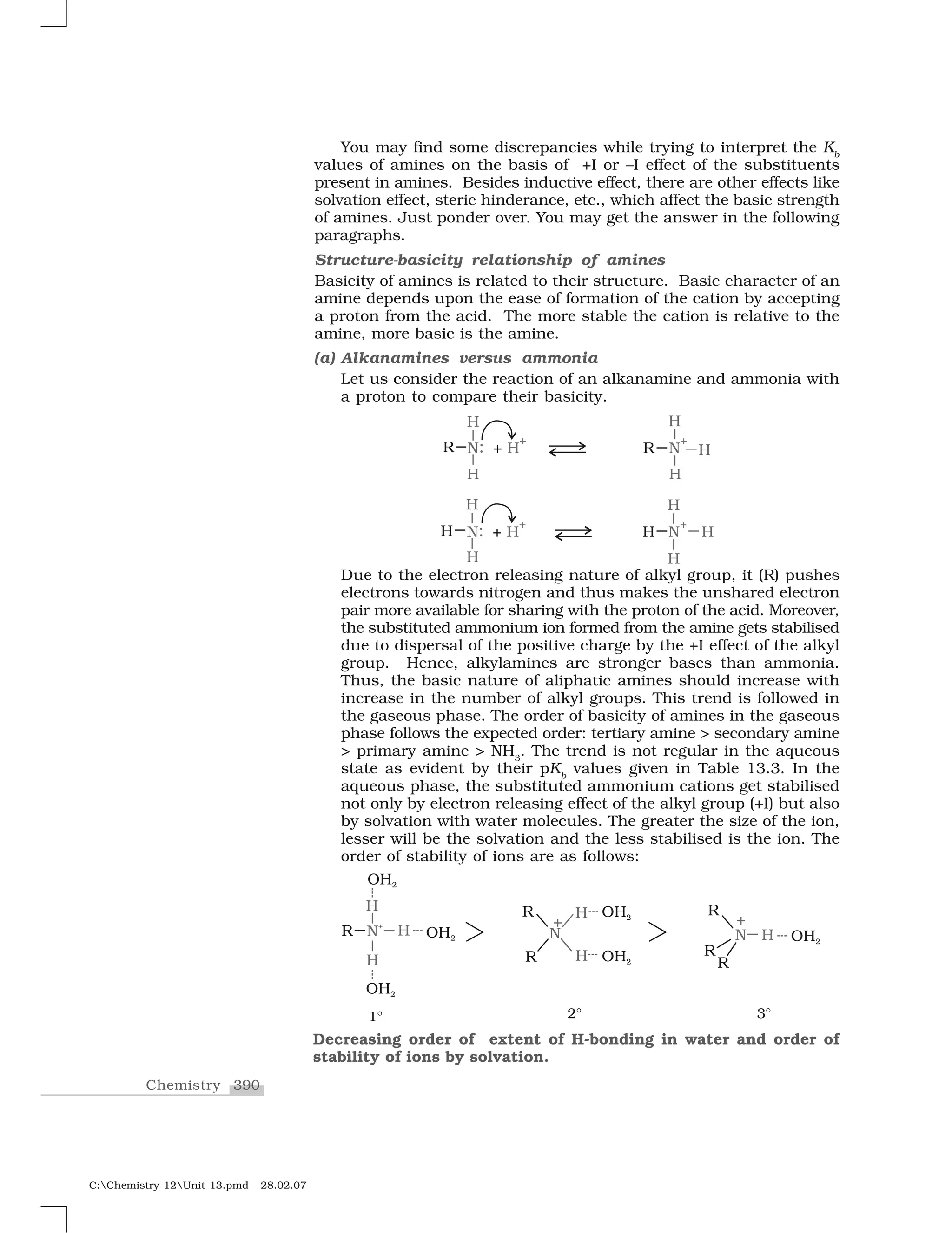 390Chemistry
C:Chemistry-12Unit-13.pmd 28.02.07
You may find some discrepancies while trying to interpret the Kb
values of amines on the basis of +I or –I effect of the substituents
present in amines. Besides inductive effect, there are other effects like
solvation effect, steric hinderance, etc., which affect the basic strength
of amines. Just ponder over. You may get the answer in the following
paragraphs.
Structure-basicity relationship of amines
Basicity of amines is related to their structure. Basic character of an
amine depends upon the ease of formation of the cation by accepting
a proton from the acid. The more stable the cation is relative to the
amine, more basic is the amine.
(a) Alkanamines versus ammonia
Let us consider the reaction of an alkanamine and ammonia with
a proton to compare their basicity.
Due to the electron releasing nature of alkyl group, it (R) pushes
electrons towards nitrogen and thus makes the unshared electron
pair more available for sharing with the proton of the acid. Moreover,
the substituted ammonium ion formed from the amine gets stabilised
due to dispersal of the positive charge by the +I effect of the alkyl
group. Hence, alkylamines are stronger bases than ammonia.
Thus, the basic nature of aliphatic amines should increase with
increase in the number of alkyl groups. This trend is followed in
the gaseous phase. The order of basicity of amines in the gaseous
phase follows the expected order: tertiary amine > secondary amine
> primary amine > NH3
. The trend is not regular in the aqueous
state as evident by their pKb
values given in Table 13.3. In the
aqueous phase, the substituted ammonium cations get stabilised
not only by electron releasing effect of the alkyl group (+I) but also
by solvation with water molecules. The greater the size of the ion,
lesser will be the solvation and the less stabilised is the ion. The
order of stability of ions are as follows:
Decreasing order of extent of H-bonding in water and order of
stability of ions by solvation.
 