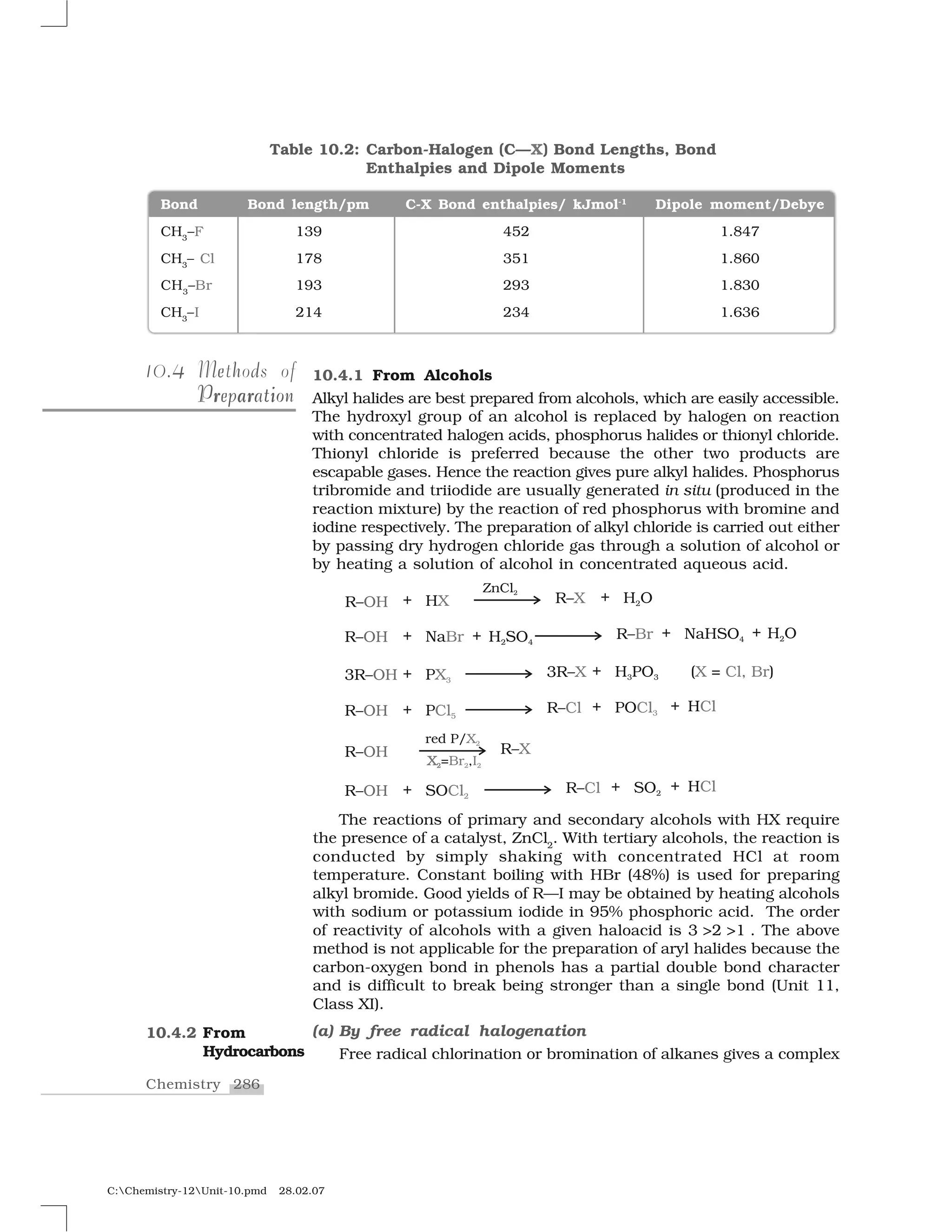 286Chemistry
C:Chemistry-12Unit-10.pmd 28.02.07
10.4.1 From Alcohols
Alkyl halides are best prepared from alcohols, which are easily accessible.
The hydroxyl group of an alcohol is replaced by halogen on reaction
with concentrated halogen acids, phosphorus halides or thionyl chloride.
Thionyl chloride is preferred because the other two products are
escapable gases. Hence the reaction gives pure alkyl halides. Phosphorus
tribromide and triiodide are usually generated in situ (produced in the
reaction mixture) by the reaction of red phosphorus with bromine and
iodine respectively. The preparation of alkyl chloride is carried out either
by passing dry hydrogen chloride gas through a solution of alcohol or
by heating a solution of alcohol in concentrated aqueous acid.
410.4 de hMethods of
ar r ir ar iPreparationPreparation
10.4.2 From
Hydrocarbons
Bond Bond length/pm C-X Bond enthalpies/ kJmol-1
Dipole moment/Debye
CH3
–F 139 452 1.847
CH3
– Cl 178 351 1.860
CH3
–Br 193 293 1.830
CH3
–I 214 234 1.636
Table 10.2: Carbon-Halogen (C—X) Bond Lengths, Bond
Enthalpies and Dipole Moments
The reactions of primary and secondary alcohols with HX require
the presence of a catalyst, ZnCl2
. With tertiary alcohols, the reaction is
conducted by simply shaking with concentrated HCl at room
temperature. Constant boiling with HBr (48%) is used for preparing
alkyl bromide. Good yields of R—I may be obtained by heating alcohols
with sodium or potassium iodide in 95% phosphoric acid. The order
of reactivity of alcohols with a given haloacid is 3 >2 >1 . The above
method is not applicable for the preparation of aryl halides because the
carbon-oxygen bond in phenols has a partial double bond character
and is difficult to break being stronger than a single bond (Unit 11,
Class XI).
(a) By free radical halogenation
Free radical chlorination or bromination of alkanes gives a complex
 