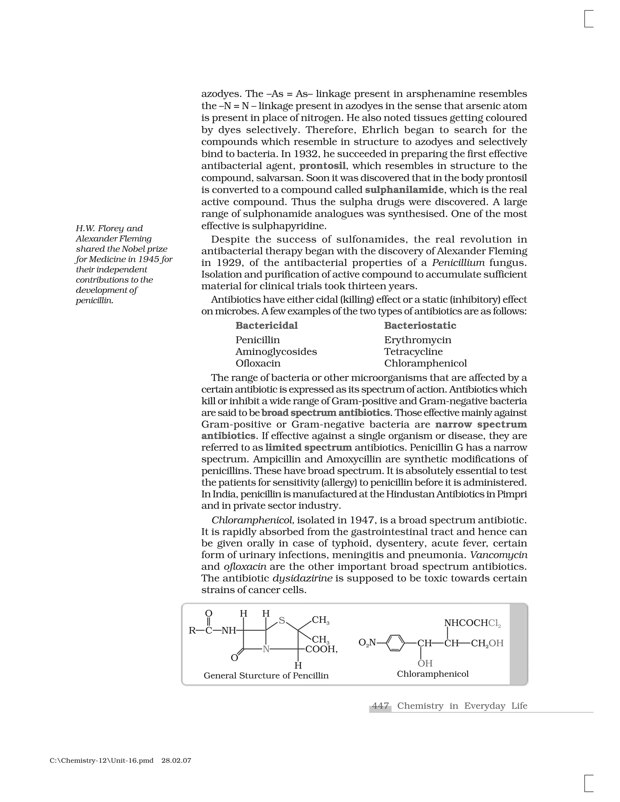 447 Chemistry in Everyday Life
C:Chemistry-12Unit-16.pmd 28.02.07
azodyes. The –As = As– linkage present in arsphenamine resembles
the –N = N – linkage present in azodyes in the sense that arsenic atom
is present in place of nitrogen. He also noted tissues getting coloured
by dyes selectively. Therefore, Ehrlich began to search for the
compounds which resemble in structure to azodyes and selectively
bind to bacteria. In 1932, he succeeded in preparing the first effective
antibacterial agent, prontosil, which resembles in structure to the
compound, salvarsan. Soon it was discovered that in the body prontosil
is converted to a compound called sulphanilamide, which is the real
active compound. Thus the sulpha drugs were discovered. A large
range of sulphonamide analogues was synthesised. One of the most
effective is sulphapyridine.
Despite the success of sulfonamides, the real revolution in
antibacterial therapy began with the discovery of Alexander Fleming
in 1929, of the antibacterial properties of a Penicillium fungus.
Isolation and purification of active compound to accumulate sufficient
material for clinical trials took thirteen years.
Antibiotics have either cidal (killing) effect or a static (inhibitory) effect
on microbes. A few examples of the two types of antibiotics are as follows:
Bactericidal Bacteriostatic
Penicillin Erythromycin
Aminoglycosides Tetracycline
Ofloxacin Chloramphenicol
The range of bacteria or other microorganisms that are affected by a
certain antibiotic is expressed as its spectrum of action. Antibiotics which
kill or inhibit a wide range of Gram-positive and Gram-negative bacteria
are said to be broad spectrum antibiotics. Those effective mainly against
Gram-positive or Gram-negative bacteria are narrow spectrum
antibiotics. If effective against a single organism or disease, they are
referred to as limited spectrum antibiotics. Penicillin G has a narrow
spectrum. Ampicillin and Amoxycillin are synthetic modifications of
penicillins. These have broad spectrum. It is absolutely essential to test
the patients for sensitivity (allergy) to penicillin before it is administered.
In India, penicillin is manufactured at the Hindustan Antibiotics in Pimpri
and in private sector industry.
Chloramphenicol, isolated in 1947, is a broad spectrum antibiotic.
It is rapidly absorbed from the gastrointestinal tract and hence can
be given orally in case of typhoid, dysentery, acute fever, certain
form of urinary infections, meningitis and pneumonia. Vancomycin
and ofloxacin are the other important broad spectrum antibiotics.
The antibiotic dysidazirine is supposed to be toxic towards certain
strains of cancer cells.
H.W. Florey and
Alexander Fleming
shared the Nobel prize
for Medicine in 1945 for
their independent
contributions to the
development of
penicillin.
 