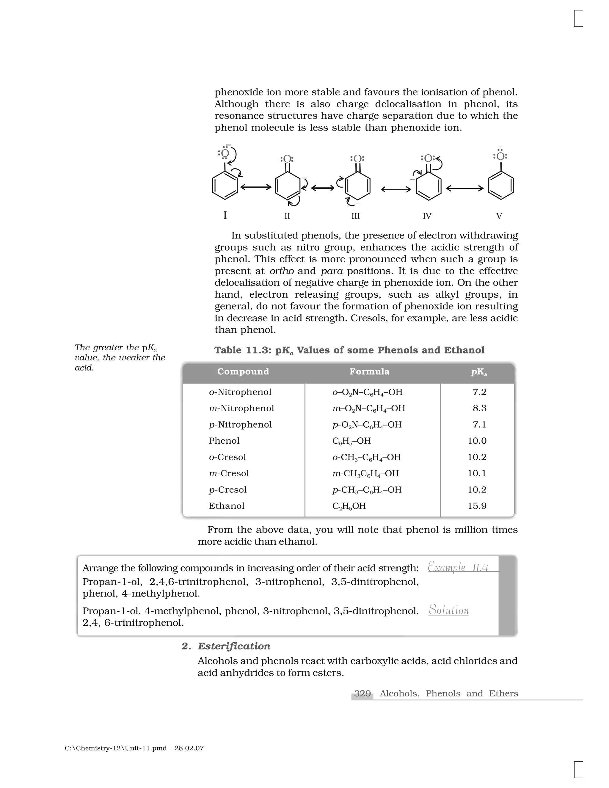 329 Alcohols, Phenols and Ethers
C:Chemistry-12Unit-11.pmd 28.02.07
phenoxide ion more stable and favours the ionisation of phenol.
Although there is also charge delocalisation in phenol, its
resonance structures have charge separation due to which the
phenol molecule is less stable than phenoxide ion.
o-Nitrophenol o–O2N–C6H4–OH 7.2
m-Nitrophenol m–O2N–C6H4–OH 8.3
p-Nitrophenol p-O2N–C6H4–OH 7.1
Phenol C6H5–OH 10.0
o-Cresol o-CH3–C6H4–OH 10.2
m-Cresol m-CH3C6H4–OH 10.1
p-Cresol p-CH3–C6H4–OH 10.2
Ethanol C2H5OH 15.9
Table 11.3: pKa Values of some Phenols and Ethanol
Compound Formula pKa
From the above data, you will note that phenol is million times
more acidic than ethanol.
Arrange the following compounds in increasing order of their acid strength:
Propan-1-ol, 2,4,6-trinitrophenol, 3-nitrophenol, 3,5-dinitrophenol,
phenol, 4-methylphenol.
Propan-1-ol, 4-methylphenol, phenol, 3-nitrophenol, 3,5-dinitrophenol,
2,4, 6-trinitrophenol.
1m eExample 11.4
noSolution
2. Esterification
Alcohols and phenols react with carboxylic acids, acid chlorides and
acid anhydrides to form esters.
In substituted phenols, the presence of electron withdrawing
groups such as nitro group, enhances the acidic strength of
phenol. This effect is more pronounced when such a group is
present at ortho and para positions. It is due to the effective
delocalisation of negative charge in phenoxide ion. On the other
hand, electron releasing groups, such as alkyl groups, in
general, do not favour the formation of phenoxide ion resulting
in decrease in acid strength. Cresols, for example, are less acidic
than phenol.
The greater the pKa
value, the weaker the
acid.
 