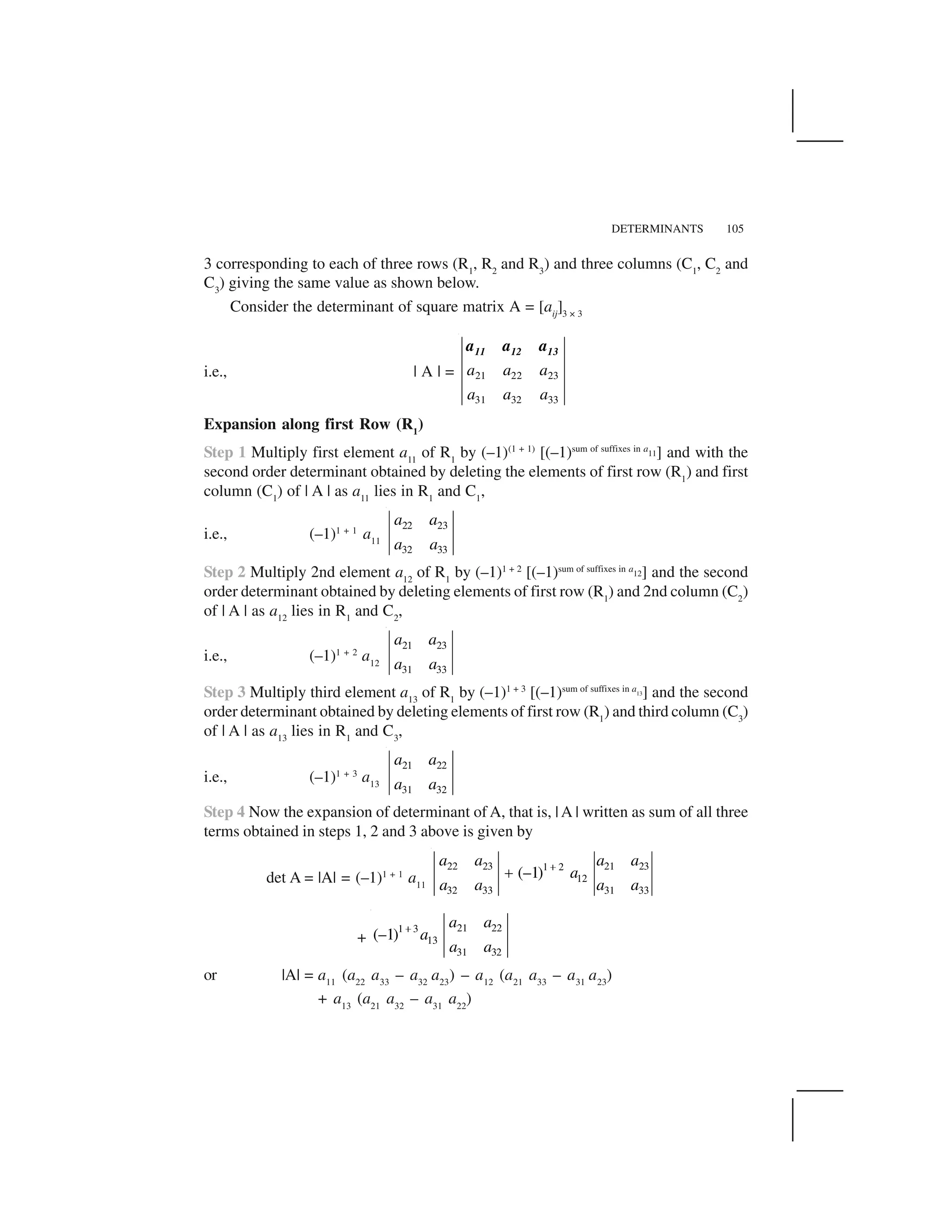 DETERMINANTS 105
3 corresponding to each of three rows (R1
, R2
and R3
) and three columns (C1
, C2
and
C3
) giving the same value as shown below.
Consider the determinant of square matrix A = [aij
]3 × 3
i.e., | A | = 21 22 23
31 32 33
a a a
a a a
11 12 13a a a
Expansion along first Row (R1
)
Step 1 Multiply first element a11
of R1
by (–1)(1 + 1)
[(–1)sum of suffixes in a11] and with the
second order determinant obtained by deleting the elements of first row (R1
) and first
column (C1
) of | A | as a11
lies in R1
and C1
,
i.e., (–1)1 + 1
a11
22 23
32 33
a a
a a
Step 2 Multiply 2nd element a12
of R1
by (–1)1 + 2
[(–1)sum of suffixes in a12] and the second
order determinant obtained by deleting elements of first row (R1
) and 2nd column (C2
)
of | A | as a12
lies in R1
and C2
,
i.e., (–1)1 + 2
a12
21 23
31 33
a a
a a
Step 3 Multiply third element a13
of R1
by (–1)1 + 3
[(–1)sum of suffixes in a13] and the second
order determinant obtained by deleting elements of first row (R1
) and third column (C3
)
of | A | as a13
lies in R1
and C3
,
i.e., (–1)1 + 3
a13
21 22
31 32
a a
a a
Step 4 Now the expansion of determinant of A, that is, | A | written as sum of all three
terms obtained in steps 1, 2 and 3 above is given by
det A = |A| = (–1)1 + 1
a11
22 23 21 231 2
12
32 33 31 33
(–1)
a a a a
a
a a a a
 
✁
+
21 221 3
13
31 32
(–1)
a a
a
a a
 
or |A| = a11
(a22
a33
– a32
a23
) – a12
(a21
a33
– a31
a23
)
+ a13
(a21
a32
– a31
a22
)
 