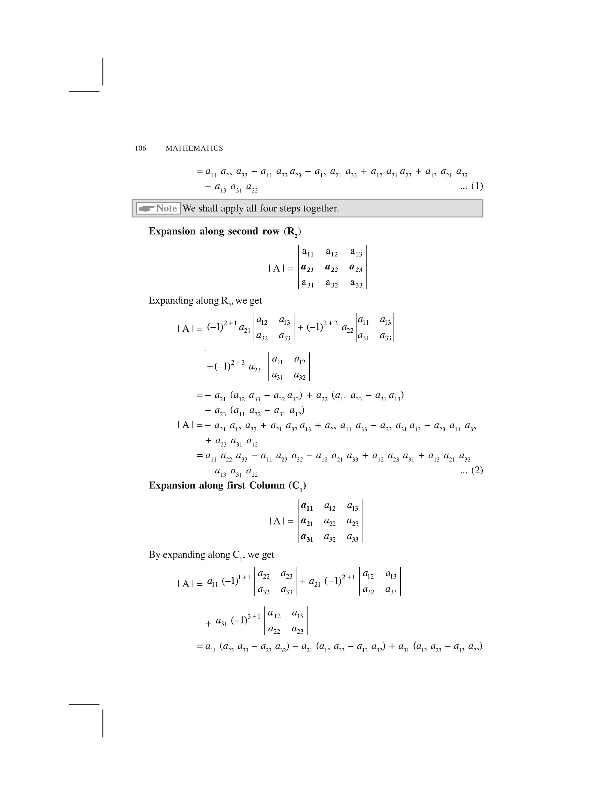 106 MATHEMATICS
= a11
a22
a33
– a11
a32
a23
– a12
a21
a33
+ a12
a31
a23
+ a13
a21
a32
– a13
a31
a22
... (1)
 Note We shall apply all four steps together.
Expansion along second row (R2
)
| A | =
11 12 13
31 32 33
a a a
a a a
21 22 23a a a
Expanding along R2
,we get
| A | =
12 13 11 132 1 2 2
21 22
32 33 31 33
(–1) (–1)
a a a a
a a
a a a a
✁ ✁✂
11 122 3
23
31 32
(–1)
a a
a
a a
✁✂
= – a21
(a12
a33
– a32
a13
) + a22
(a11
a33
– a31
a13
)
– a23
(a11
a32
– a31
a12
)
| A | = – a21
a12
a33
+ a21
a32
a13
+ a22
a11
a33
– a22
a31
a13
– a23
a11
a32
+ a23
a31
a12
= a11
a22
a33
– a11
a23
a32
– a12
a21
a33
+ a12
a23
a31
+ a13
a21
a32
– a13
a31
a22
... (2)
Expansion along first Column (C1
)
| A | =
12 13
22 23
32 33
11
21
31
a
a
a
a a
a a
a a
By expanding along C1
, we get
| A | =
22 23 12 131 1 2 1
11 21
32 33 32 33
(–1) ( 1)
a a a a
a a
a a a a
✁ ✁✂ ✄
+
12 133 1
31
22 23
(–1)
a a
a
a a
✁
= a11
(a22
a33
– a23
a32
) – a21
(a12
a33
– a13
a32
) + a31
(a12
a23
– a13
a22
)
 